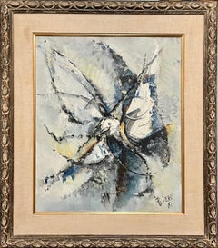 Gran pintura expresionista abstracta francesa modernista de pájaros de colores Roger Lersy