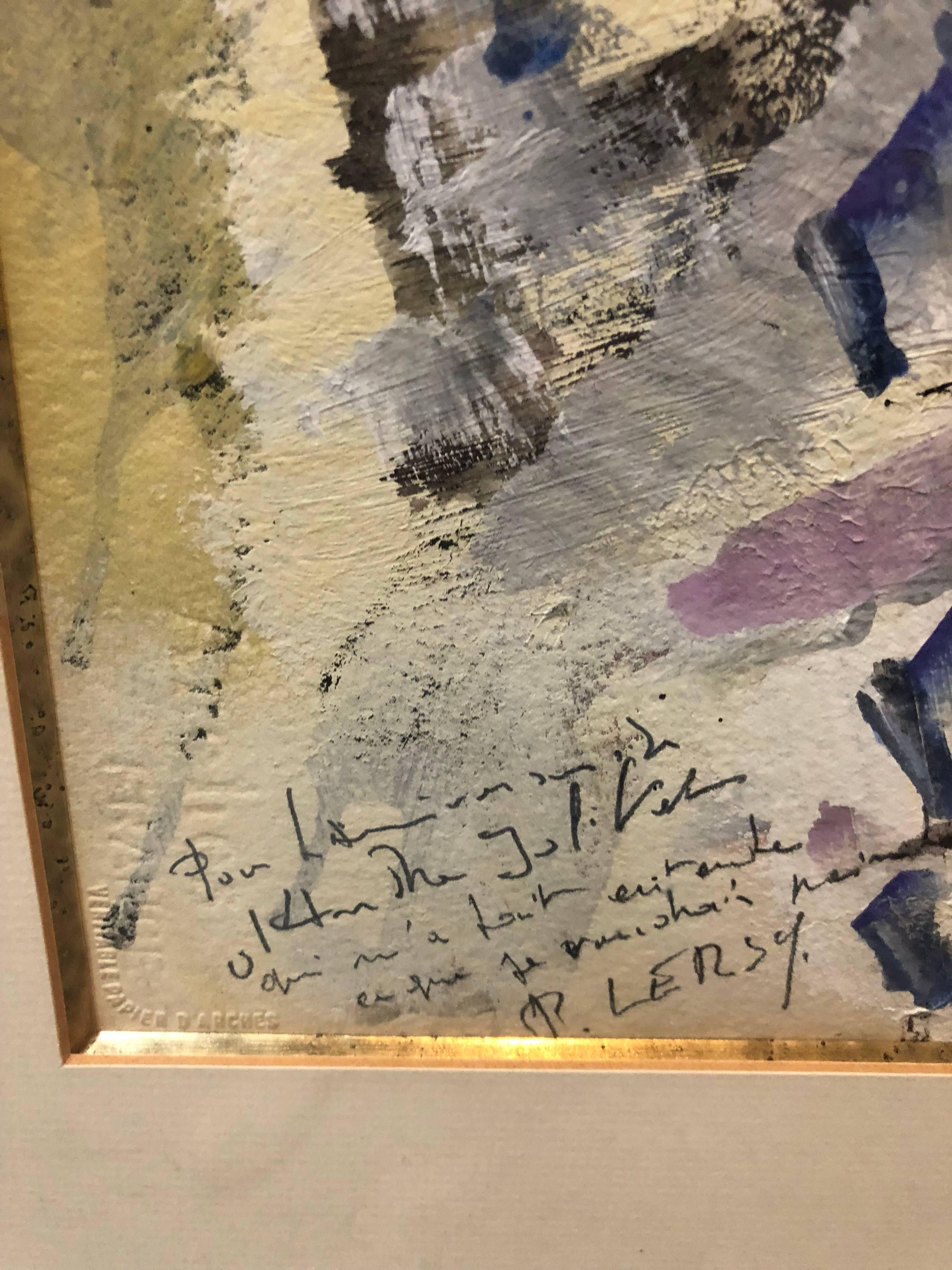 Signed, R. Lersy, dated 1964 lower right and bearing personal inscription lower left. Acrylic and Oil on Paper. Measuring 29 1/2