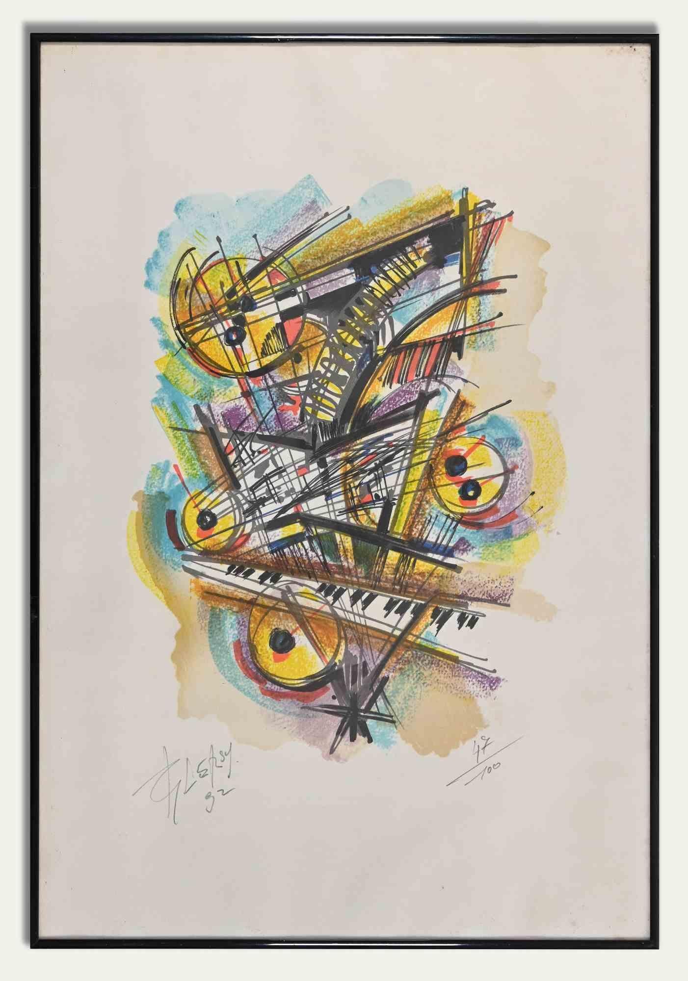 Abstract composition is an original contemporary artwork realized by Roger Lersy in 1992.

Mixed colored etching and aquatint.

Hand signed and dated on the lower left margin.

Numbered on the lower right.

Edition 47/100.

Includes frame: 55 x 1.5