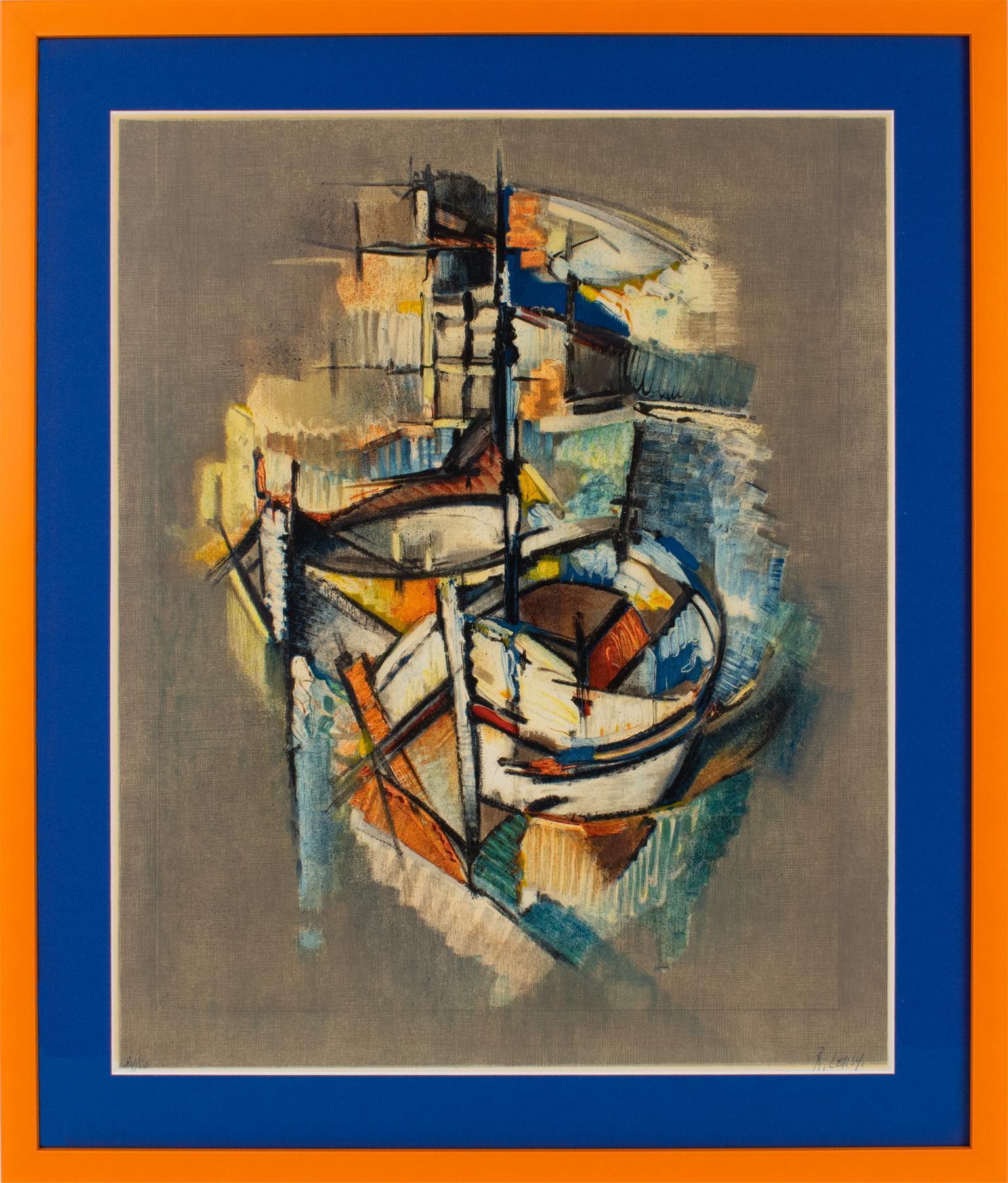 Lithograph on paper by Roger Lersy (France - 1920 - 2004). Stunning abstract seascape cubist composition with a highly colorful design of old boats executed by the artist in France circa 1958. The handwritten signature is on the bottom right corner