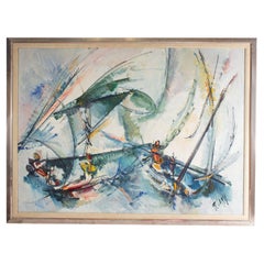 Roger Lersy Signed Abstract Oil on Canvas of Boats 