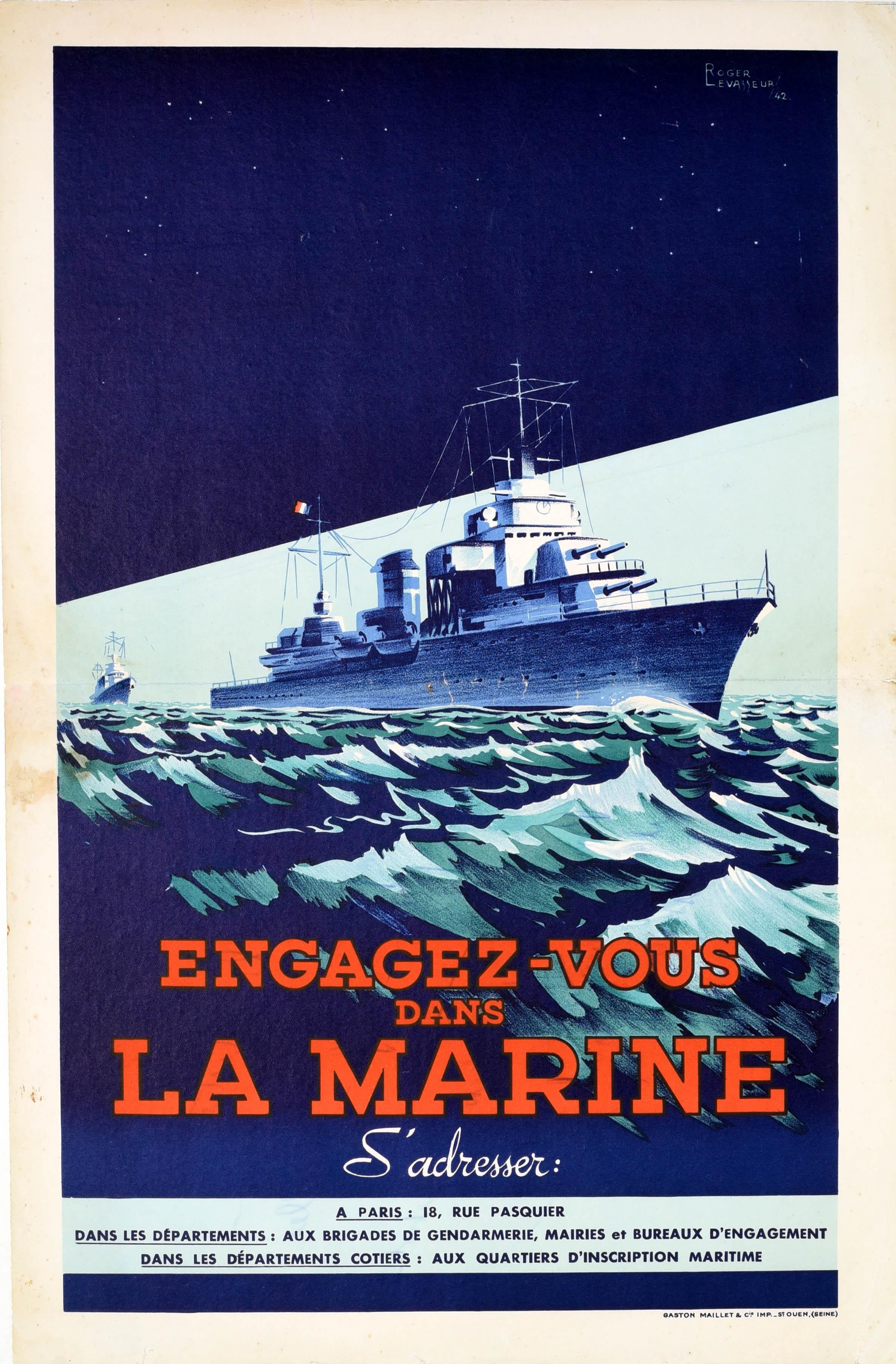 Roger Levasseur Print - Original Vintage Poster Engagez Vous Dans La Marine French Navy Recruitment WWII