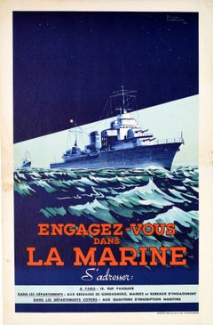 Original-Vintage-Poster, „Engagez vous dans la marine“, Rekrutierung für die Marine im 2. Weltkrieg, Frankreich