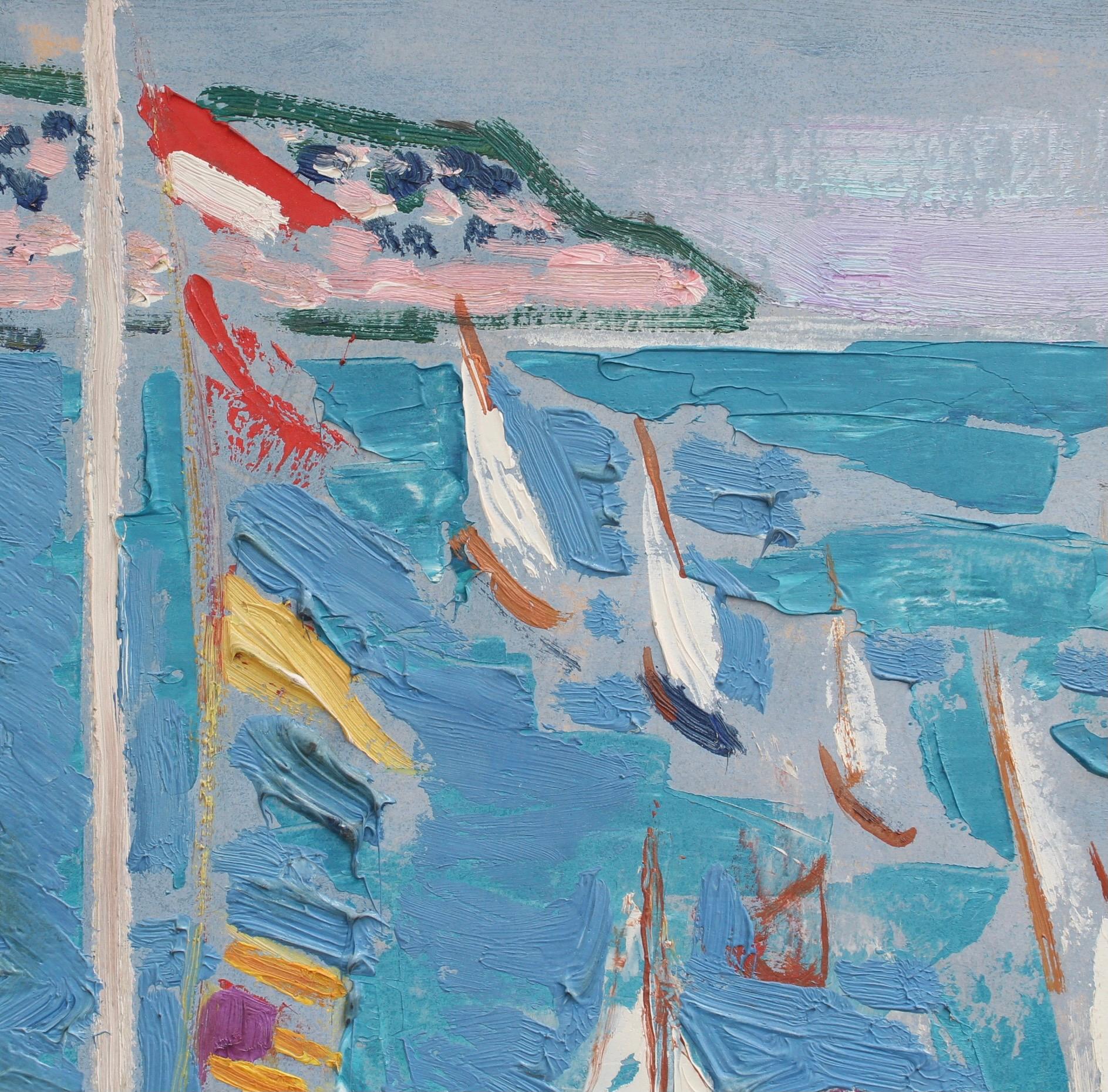 'Women on the Terrace', oil on paper (bonded to canvas), by Roger Limouse (circa 1960s). This artwork renders in impasto the exuberant colours of the Côtes d'Azur. A woman of leisure on a terrace overlooks the exhilarating start of a sailing regatta