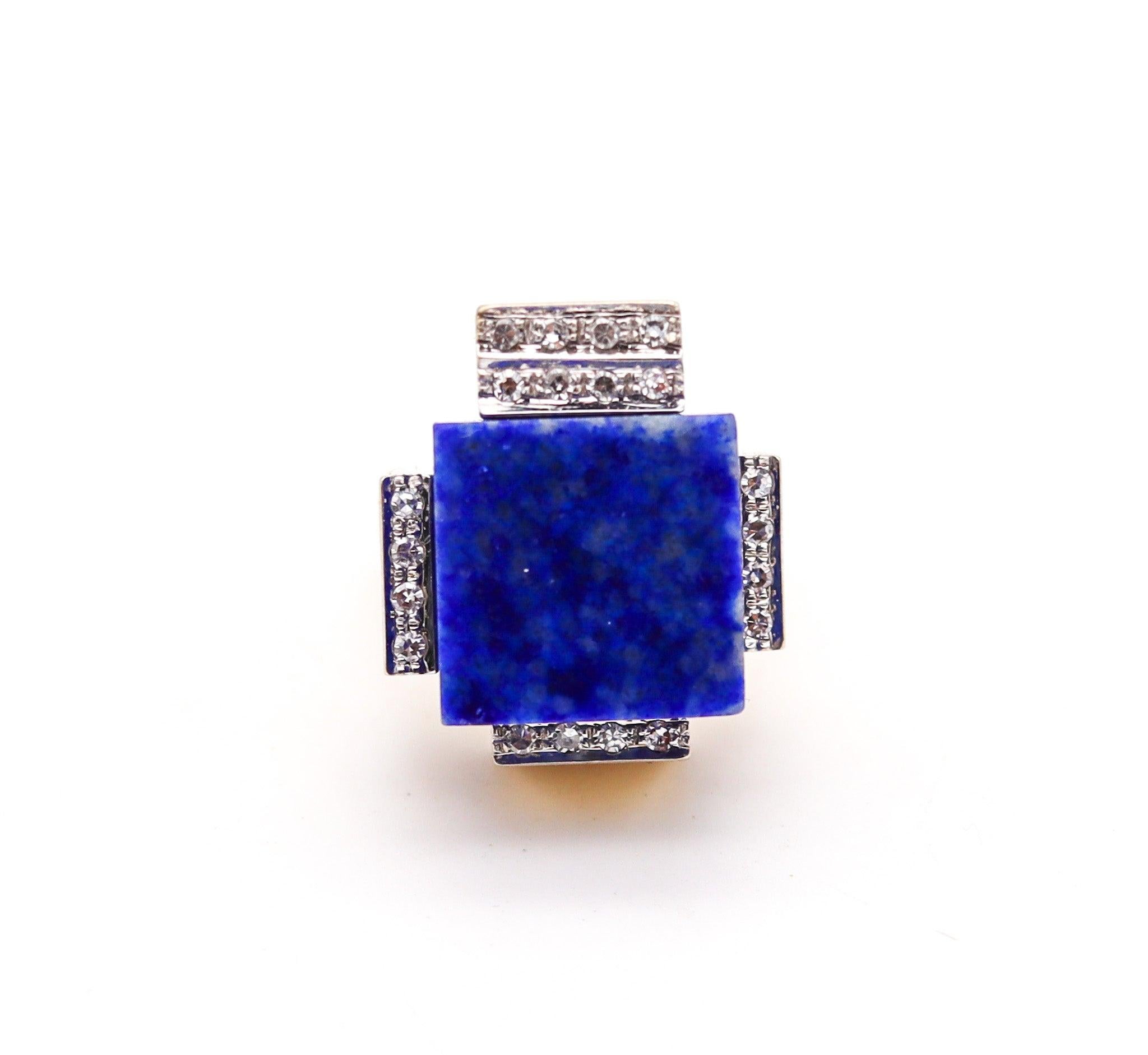ROGER LUCAS 1970 Cubism Geometric Ring In 18Kt Yellow Gold With Lapis & Diamonds In Excellent Condition For Sale In Miami, FL