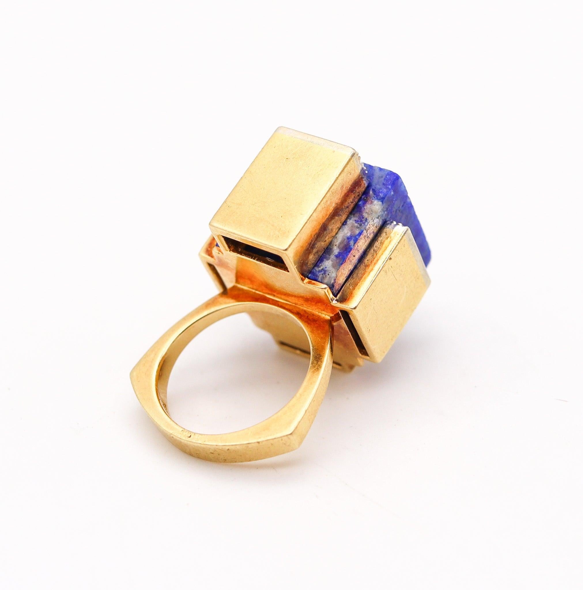 Women's ROGER LUCAS 1970 Cubism Geometric Ring In 18Kt Yellow Gold With Lapis & Diamonds For Sale