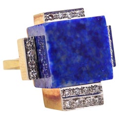ROGER LUCAS 1970 Cubism Geometric Ring In 18Kt Yellow Gold With Lapis & Diamonds