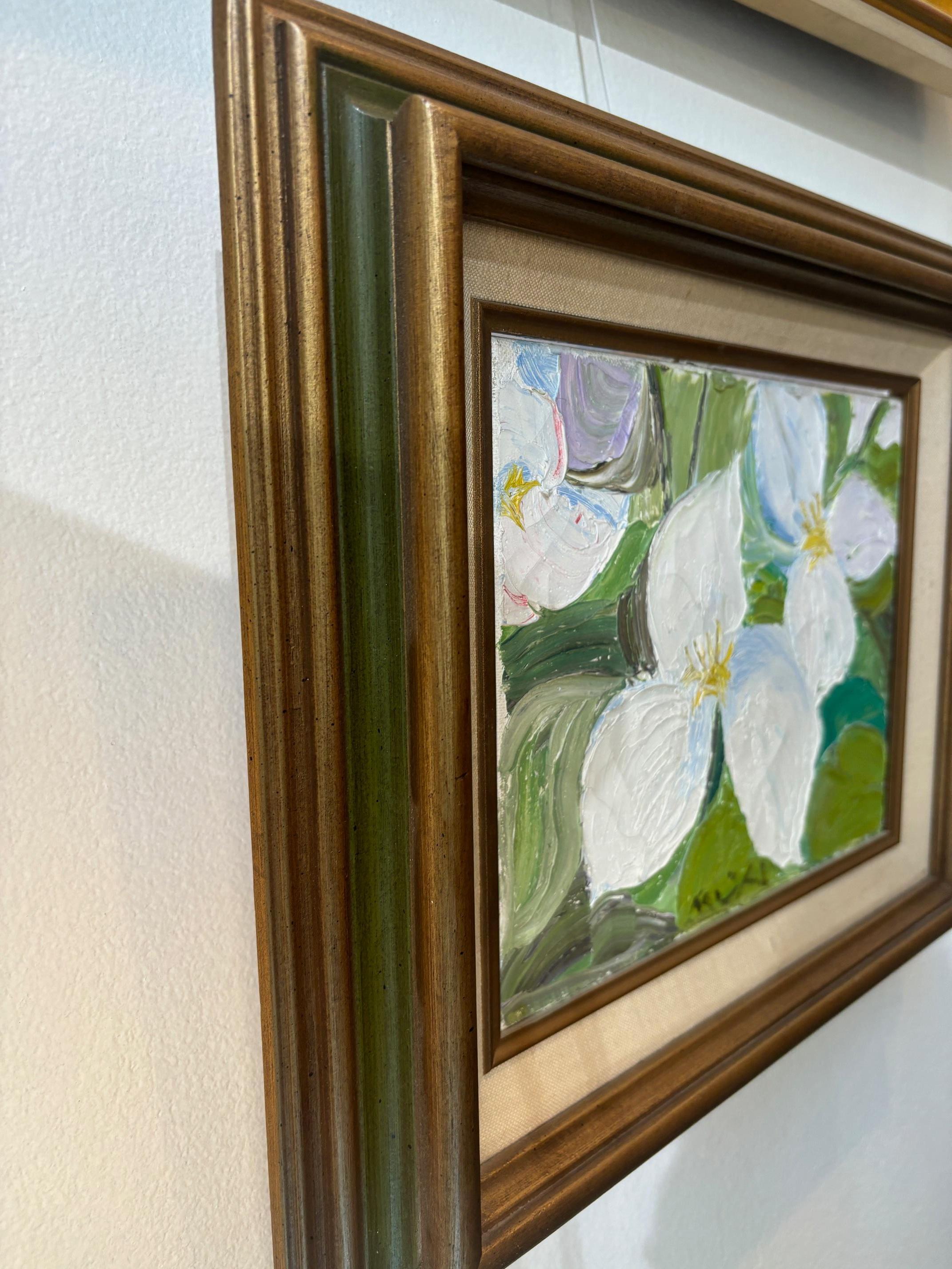 Trillium blanco de Roger Mühl - Óleo sobre lienzo 19x34 cm en venta 7
