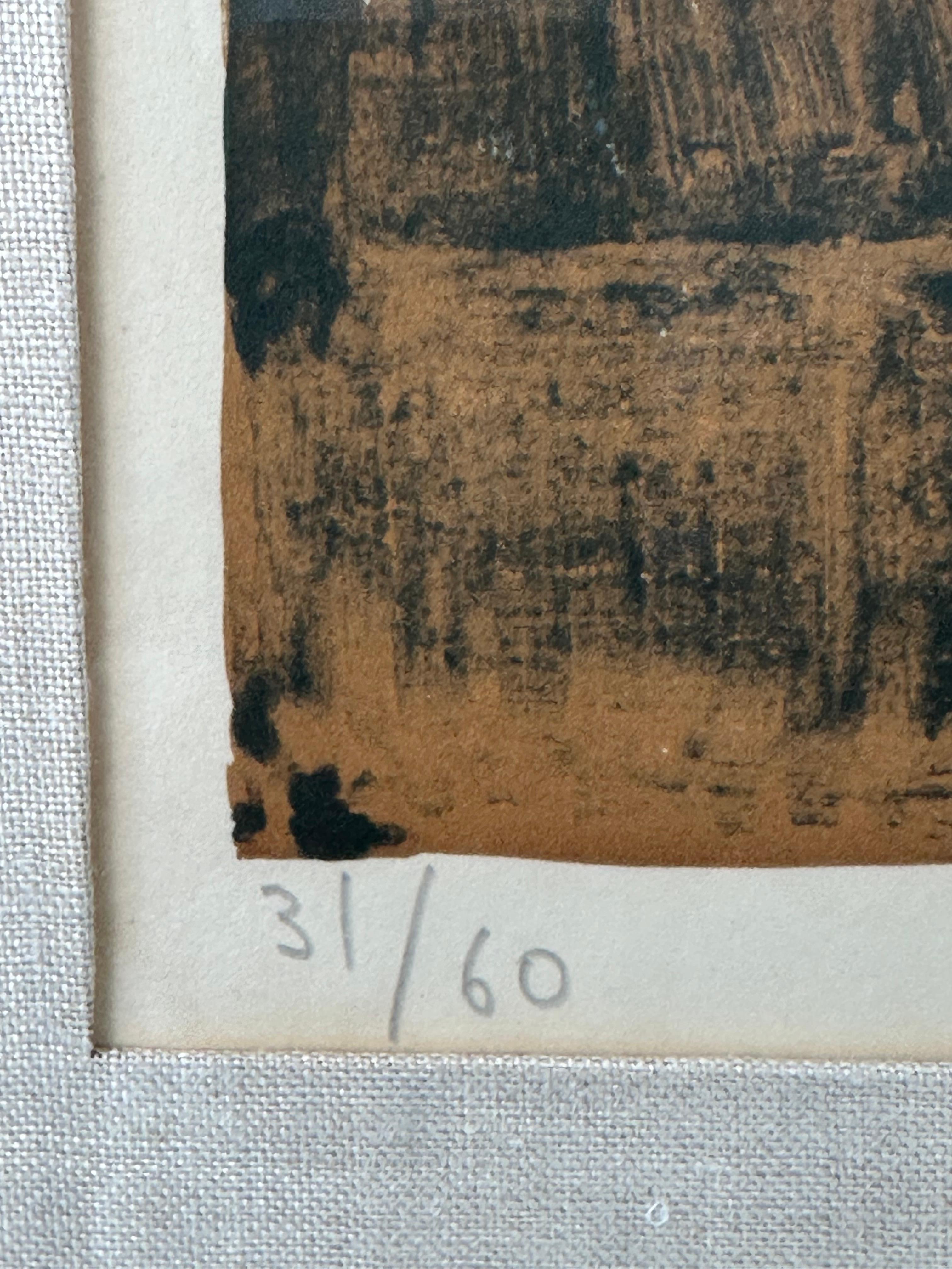 Roger Muhl. Passage, ca. 1970. Lithograph on paper, image measures 15.5 x 18.5 inches. Measuring 25 x 28 inches framed. From an adition of 60. Signed and numbered in pencil by artist, lower margins. No fading, staining or foxing. Vintage custom gold