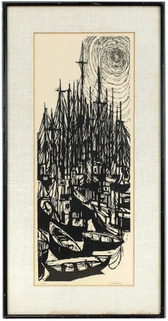 1966 Woodcut "Fleet" Modernist Print