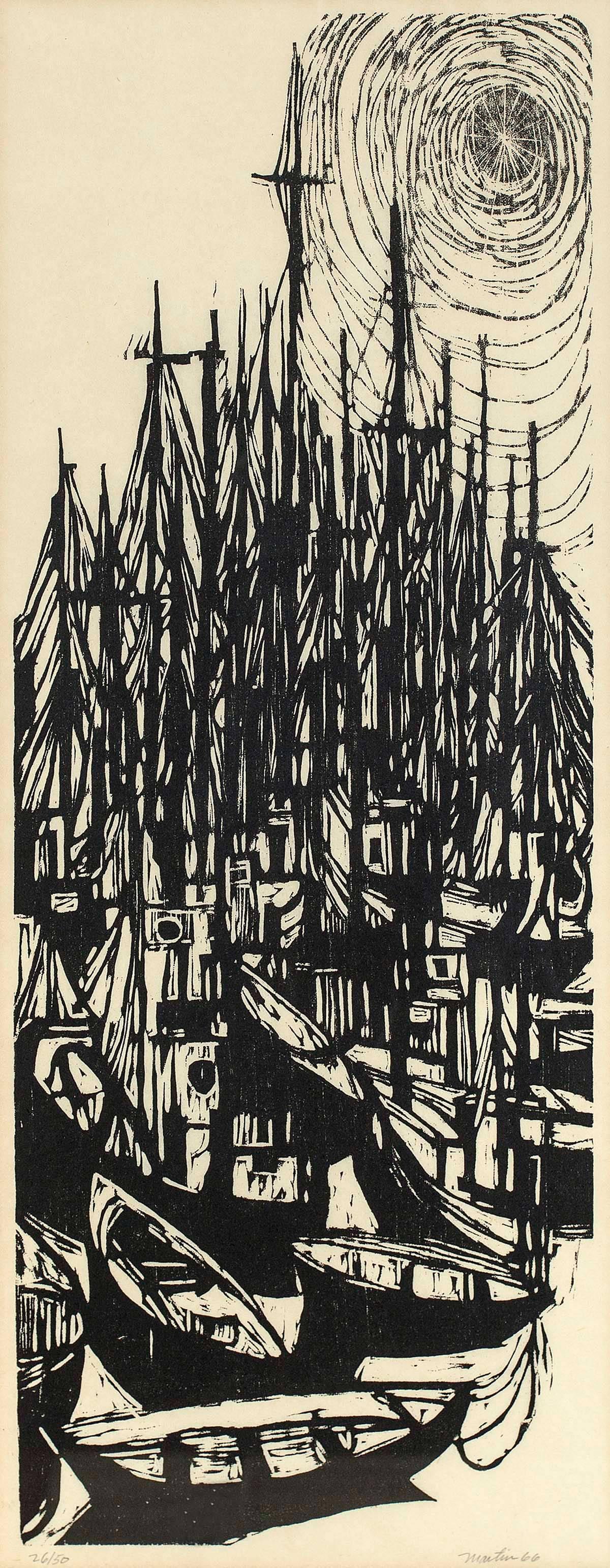 Landscape Print Roger Martin - 1966 Gravure sur bois ""Fleet"" Impression moderniste