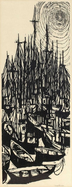 1966 Woodcut "Fleet" Modernist Print