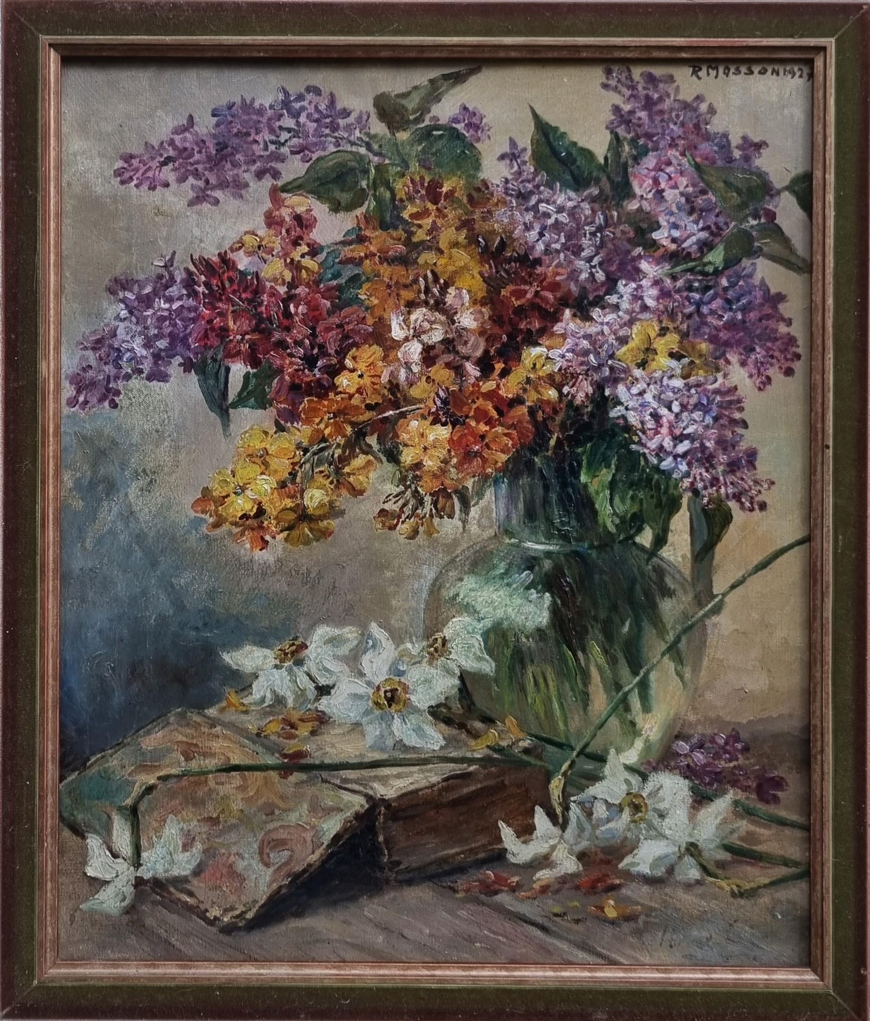 Pittura Natura morta Libro Fiori bouquet di lillà Arte moderna francese anni '20 20 - Painting di Roger MASSON