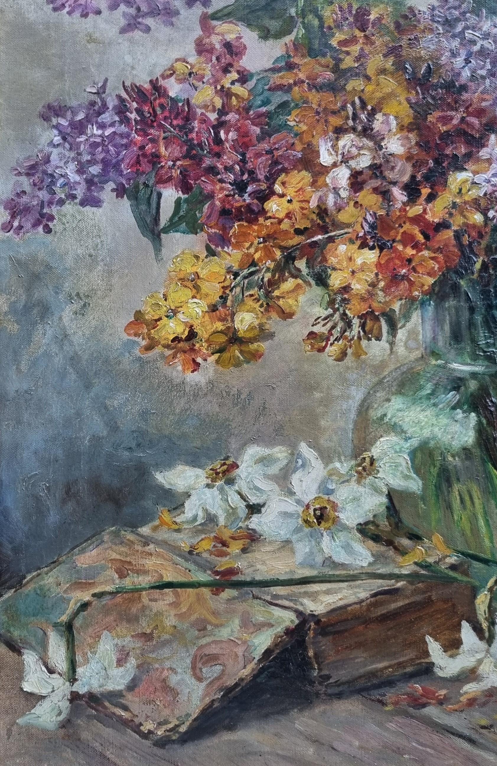 Pittura Natura morta Libro Fiori bouquet di lillà Arte moderna francese anni '20 20 - Still-Life Painting Grigio di Roger MASSON
