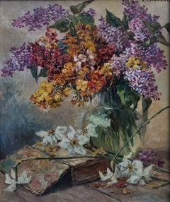 Antique Painting Still life Book Flowers Lilacs bouquet French modern art 1920s 20th
