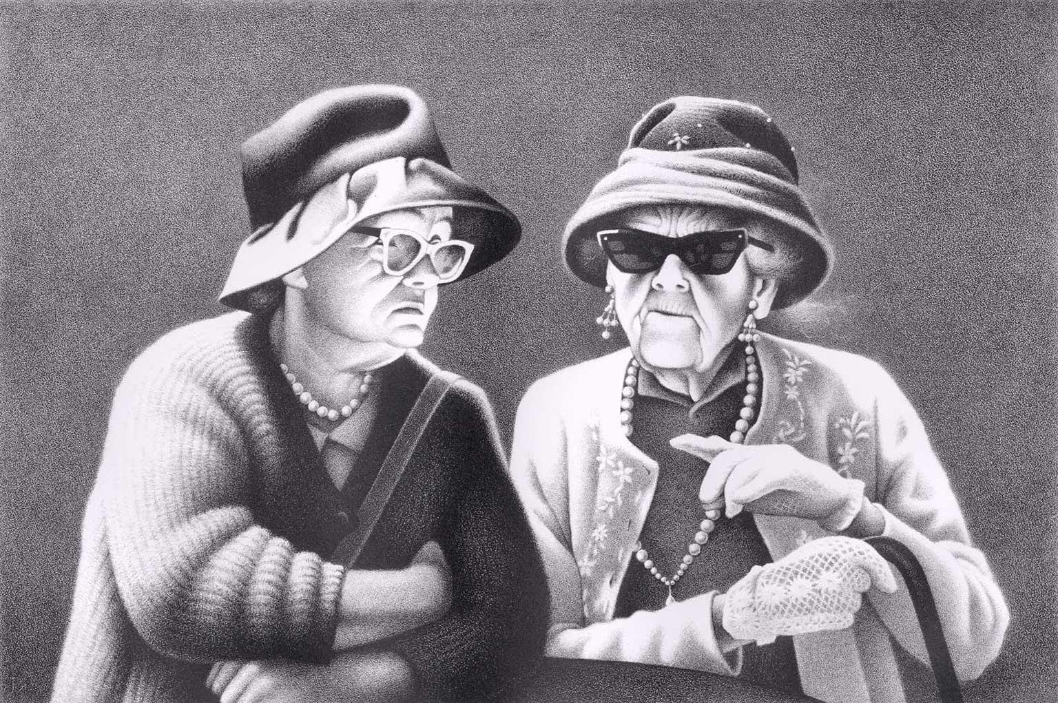 Roger Medearis Figurative Print - The Secret (Two nicely dressed elderly ladies share the latest juicy gossip)