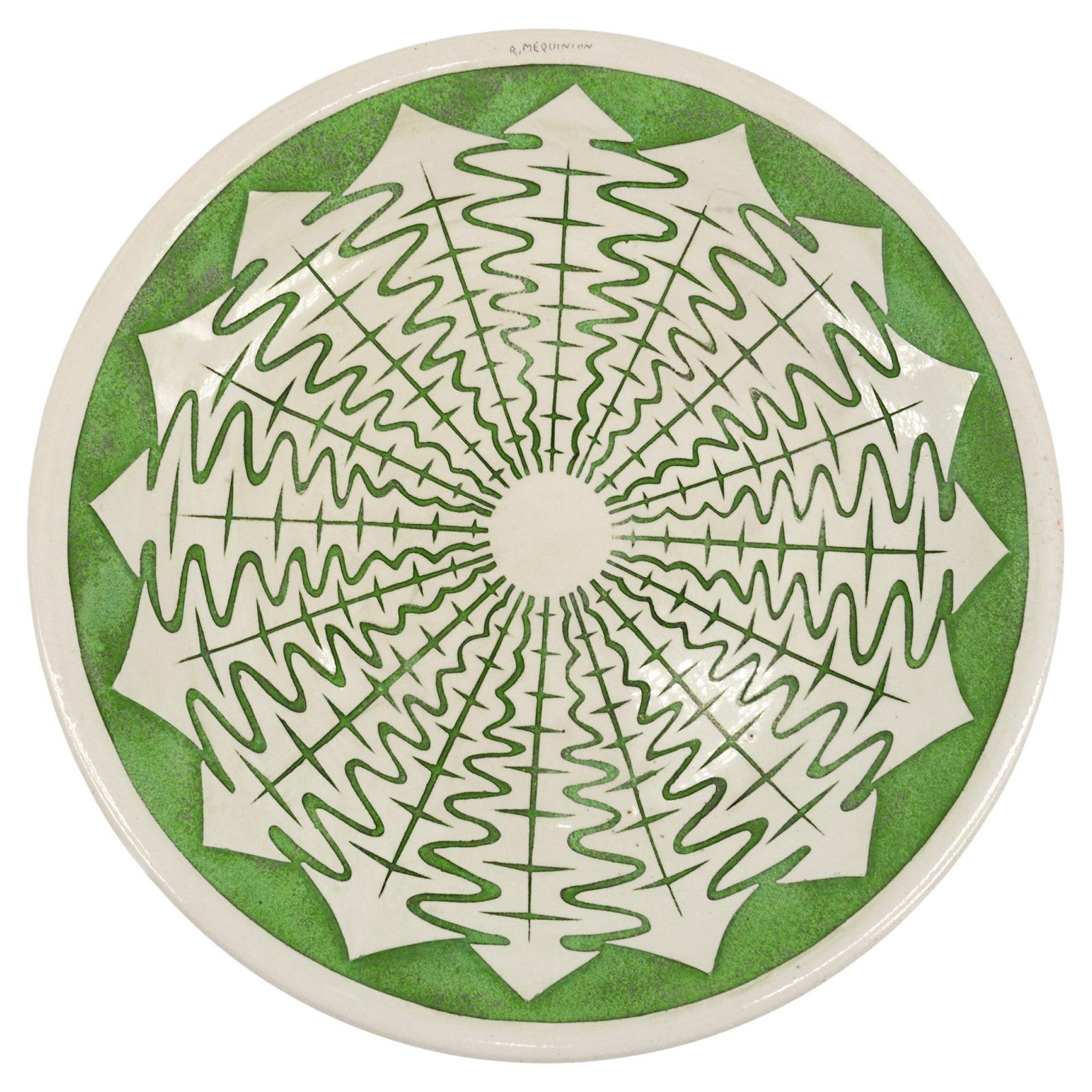 Roger MEQUINION Large French Art Deco Ceramic Plate, France, 1940s in vendita