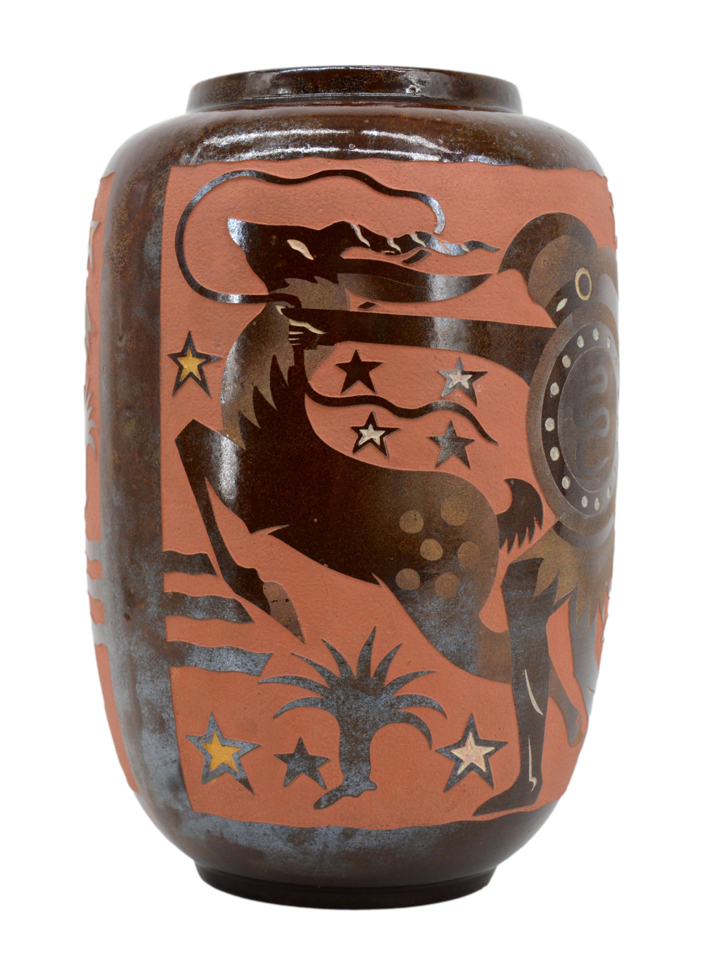 French Art Deco ceramic vase by Roger Mequinion, France, 1940s. Enameled surface. Sand-etched antique decor. Height : 11.2