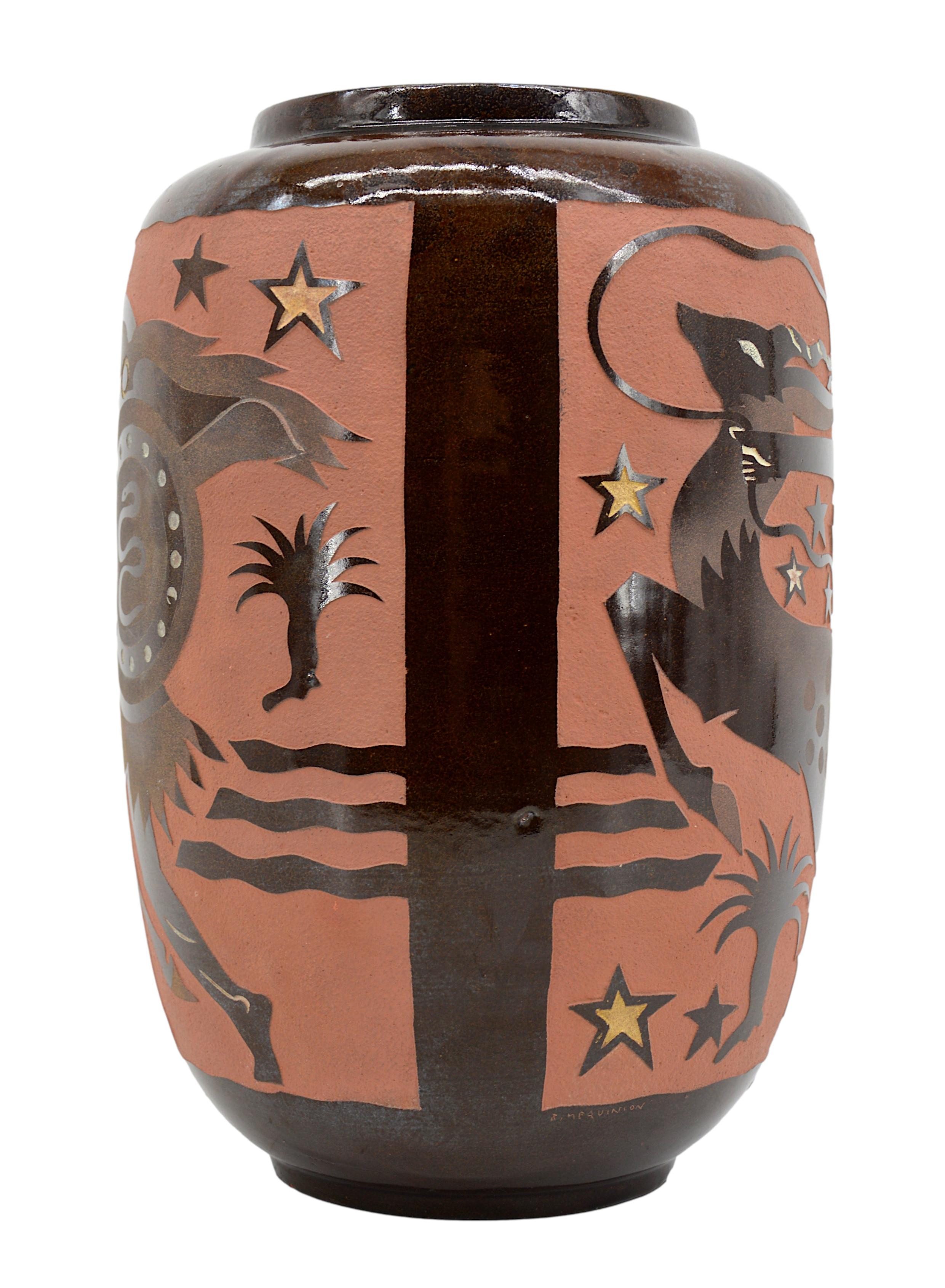 French Roger Méquinion, Museal Ceramic Vase with Antique Decor, 1940s For Sale
