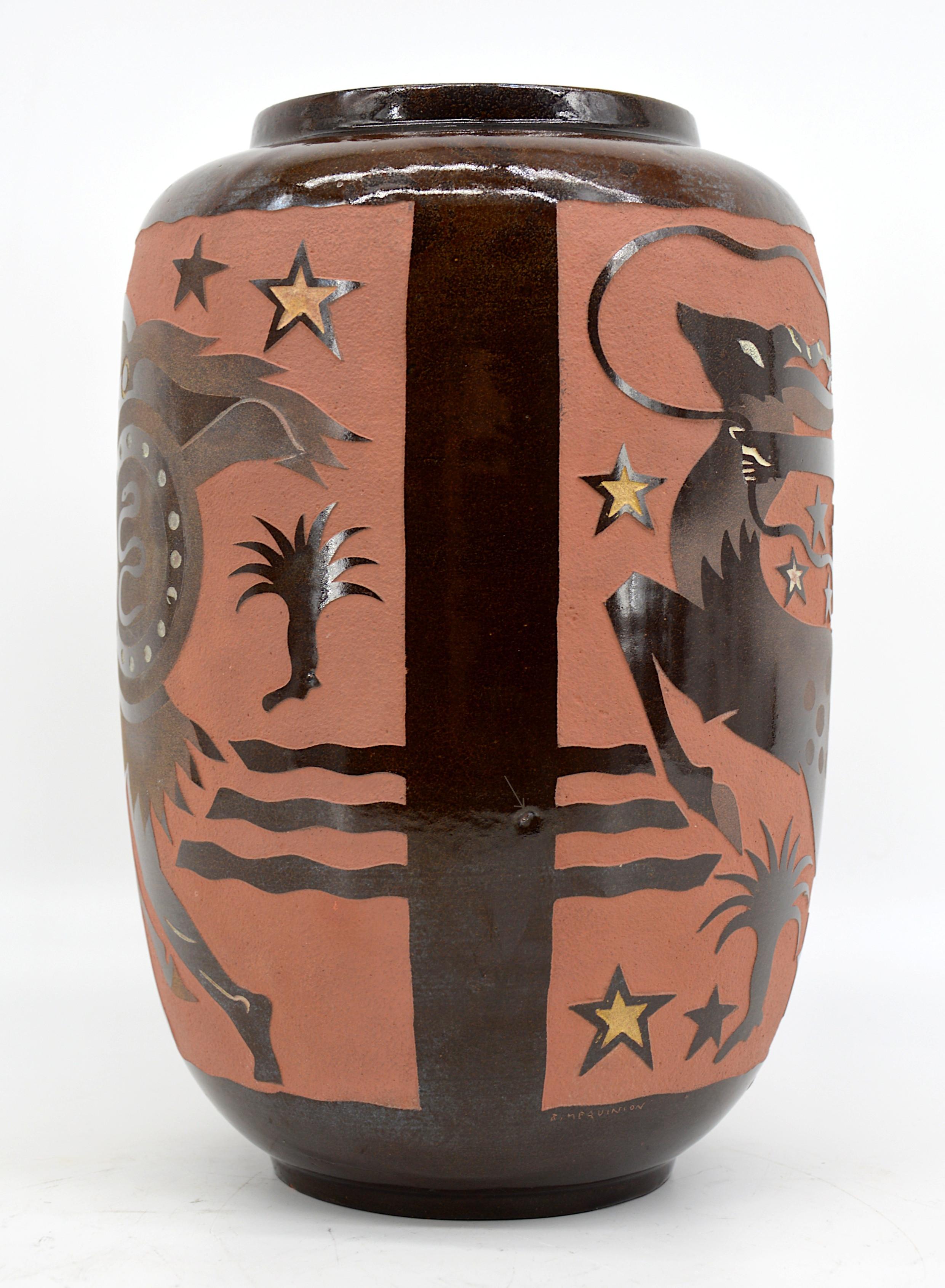 Roger Méquinion, Museal Ceramic Vase with Antique Decor, 1940s In Good Condition For Sale In Saint-Amans-des-Cots, FR