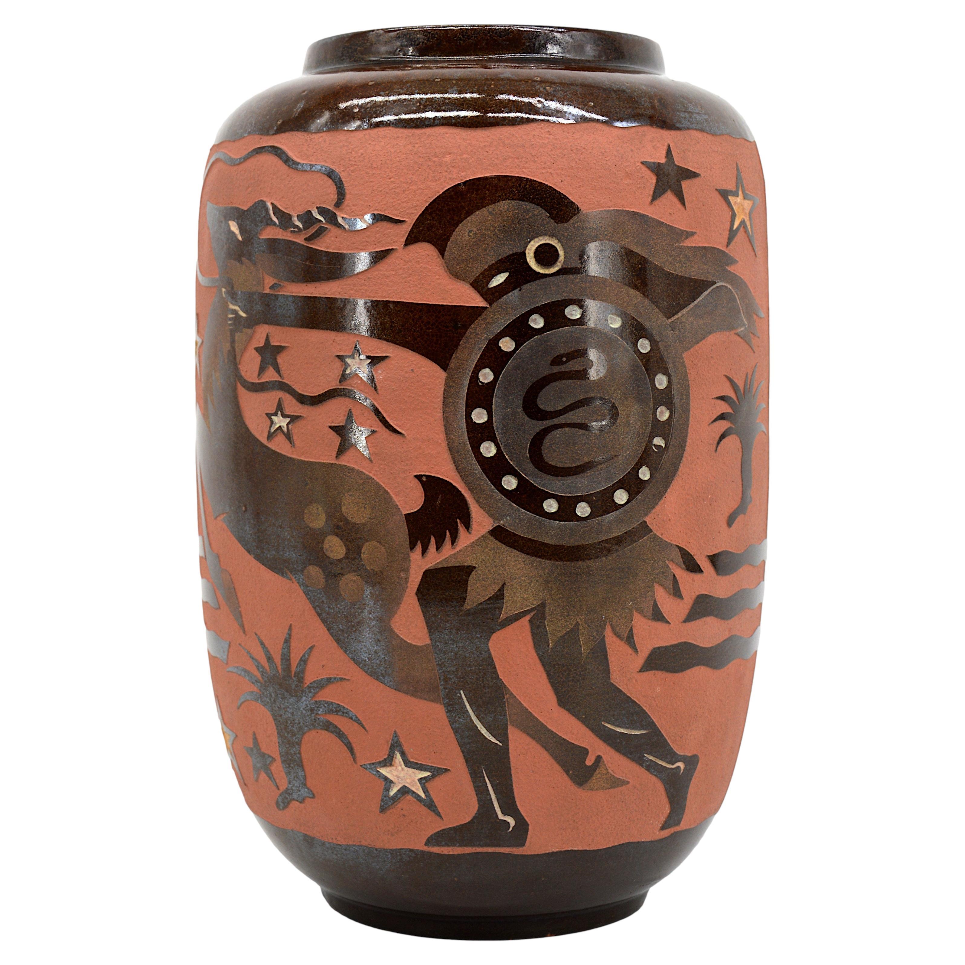 Roger Méquinion, Museal Ceramic Vase with Antique Decor, 1940s For Sale