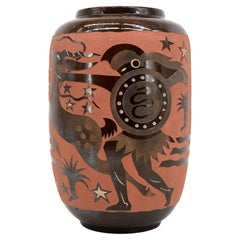 Roger Méquinion, Museal Ceramic Vase with Vintage Decor, 1940s