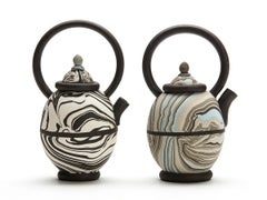 Roger Michell Two Studio Pottery Marbled Clay Miniature Teapots