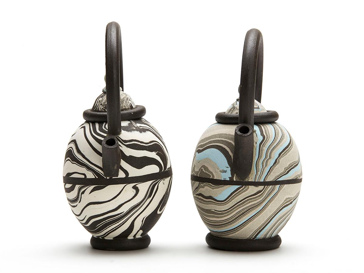 Modern Roger Michell Two Studio Pottery Marbled Clay Miniature Teapots For Sale