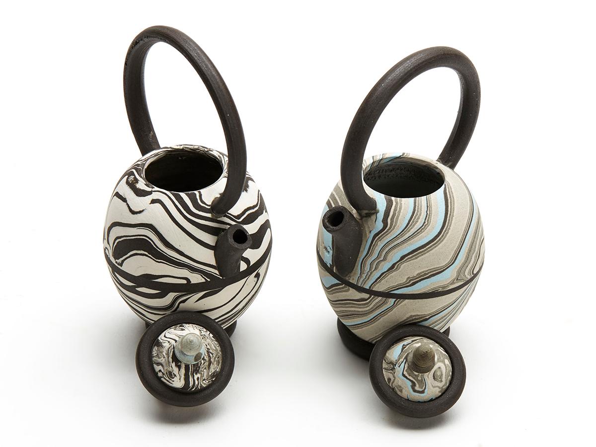 Modern Roger Michell Two Studio Pottery Marbled Clay Miniature Teapots