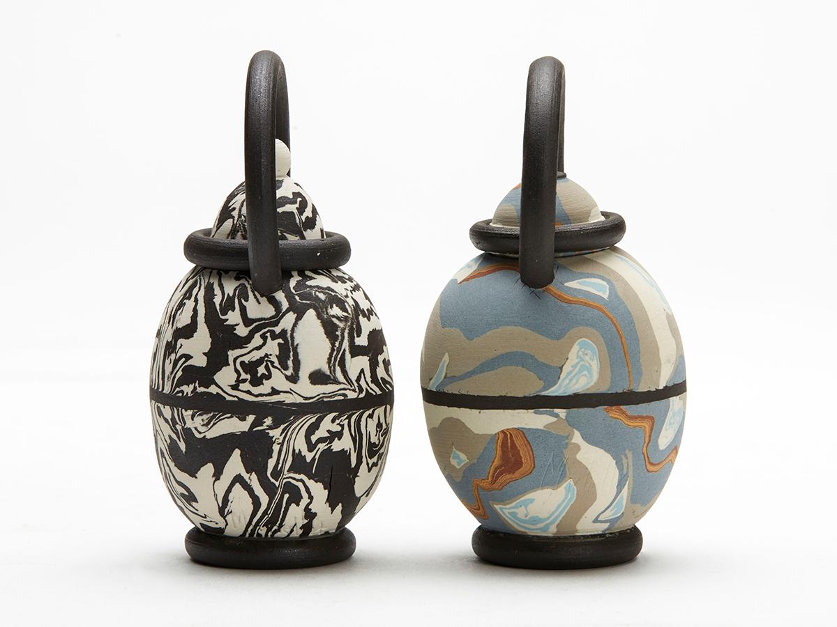 English Roger Michell Two Studio Pottery Marbled Clay Miniature Teapots For Sale
