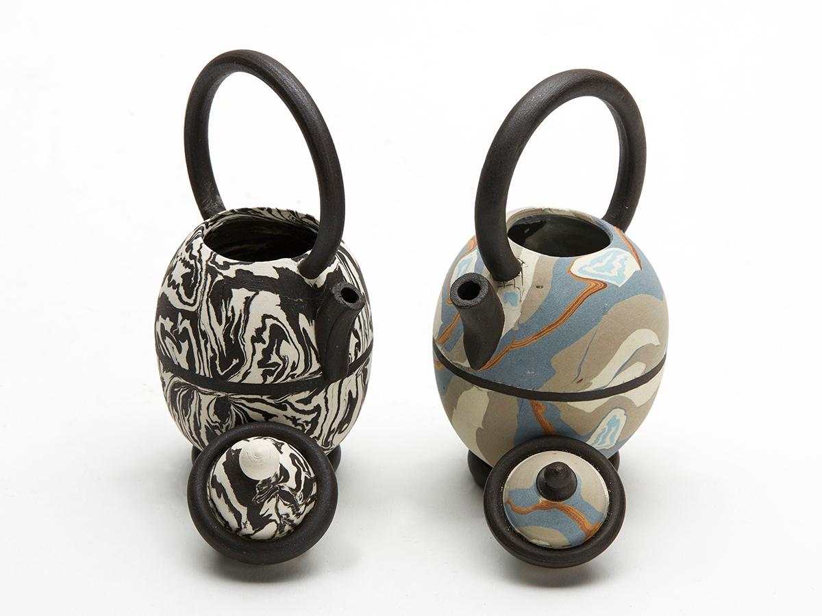 Late 20th Century Roger Michell Two Studio Pottery Marbled Clay Miniature Teapots For Sale