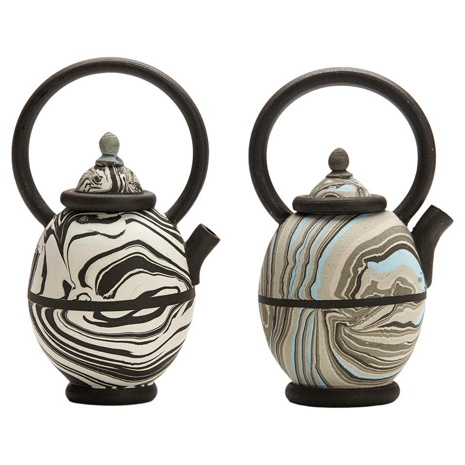 Roger Michell Two Studio Pottery Marbled Clay Miniature Teapots For Sale