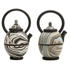 Roger Michell Two Studio Pottery Marbled Clay Miniature Teapots