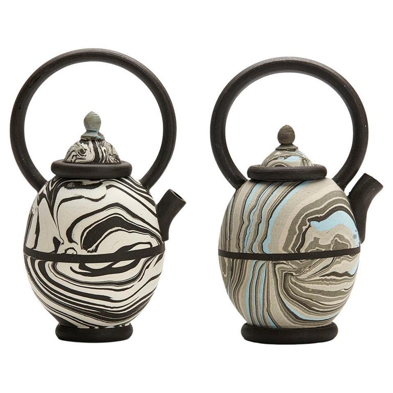Roger Michell Two Studio Pottery Marbled Clay Miniature Teapots For