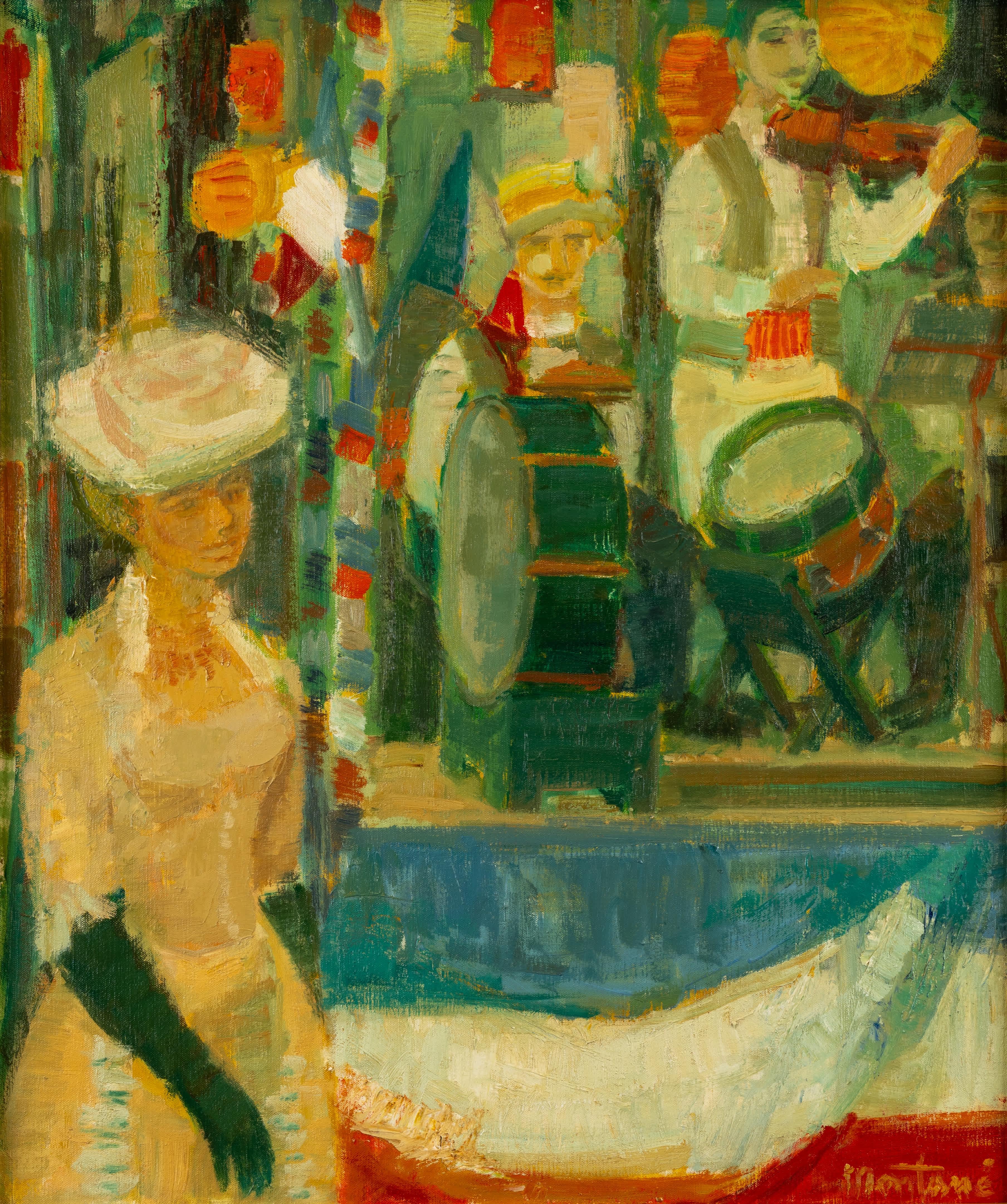 Femme écoutant l'orchestre - Post-impressionnisme Painting par Roger Montane