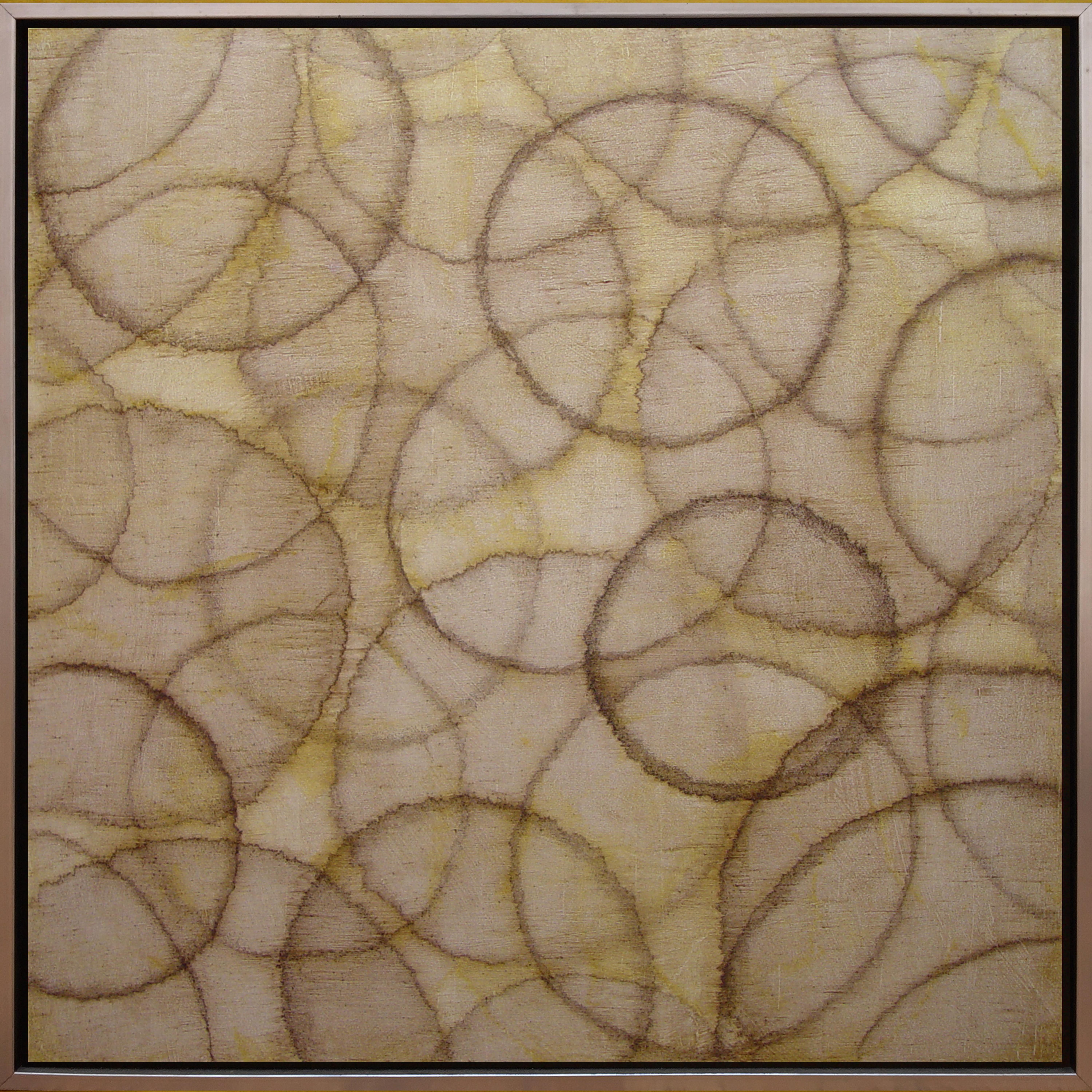 This abstract painting by Roger Mudre features light, translucent outlines of circles which are layered over one another throughout the composition. It has a light, champagne-colored palette. The painting itself measures 24