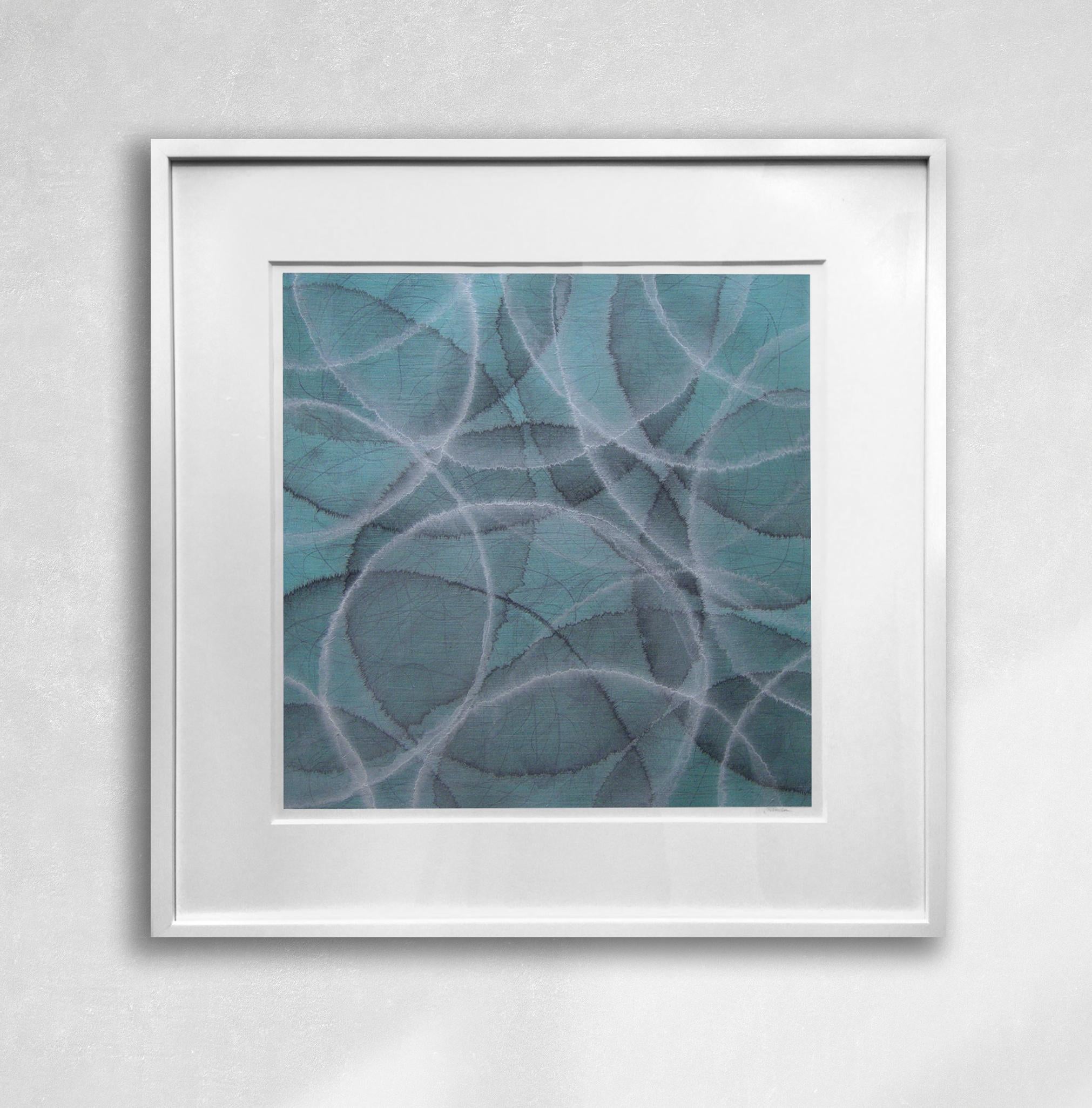 This framed abstract painting by Roger Mudre is made with acrylic paint over metal leaf on paper. It features an overall teal palette, with layers of circle shapes with light and dark outlines over top of one another. The painting is 20" x 20" (30"