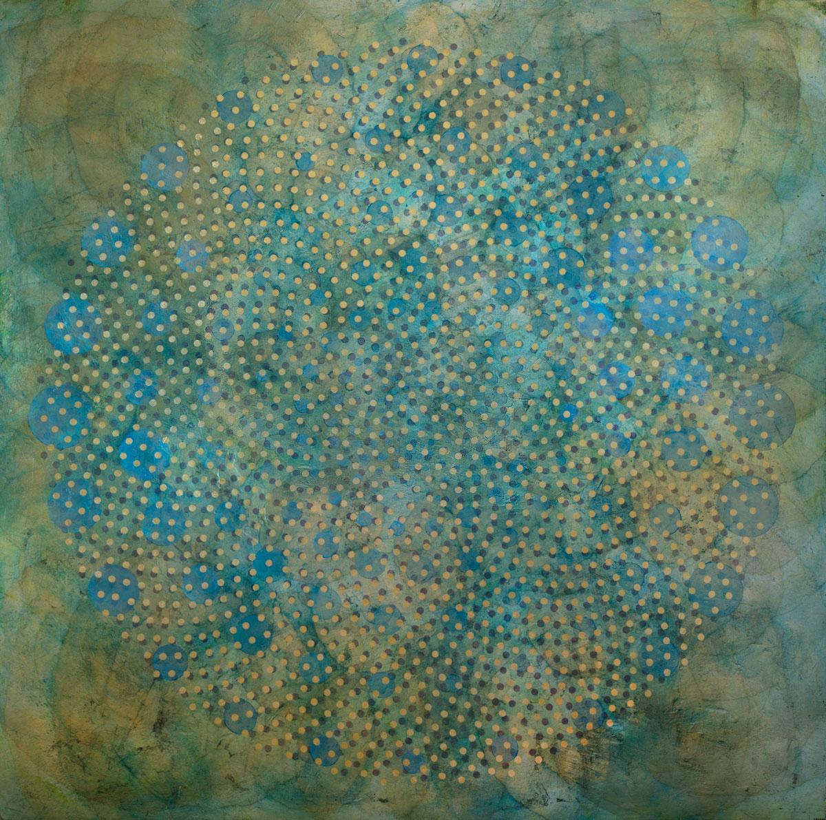 This abstract contemporary painting by Roger Mudre features a cool-toned palette with subtle gold accents and an iridescent quality. Concentric circles of varying sizes overlap one another to create a larger circle shape at the center of the
