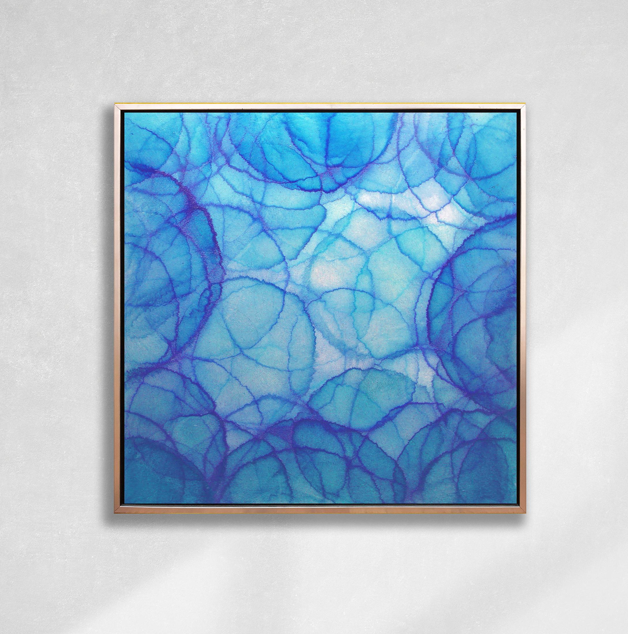 This abstract painting by Roger Mudre features a cool blue and turquoise palette, and light circular shapes layered on top of one another throughout the composition. Made with acrylic paint over metal leaf on cradled panel, it transforms and