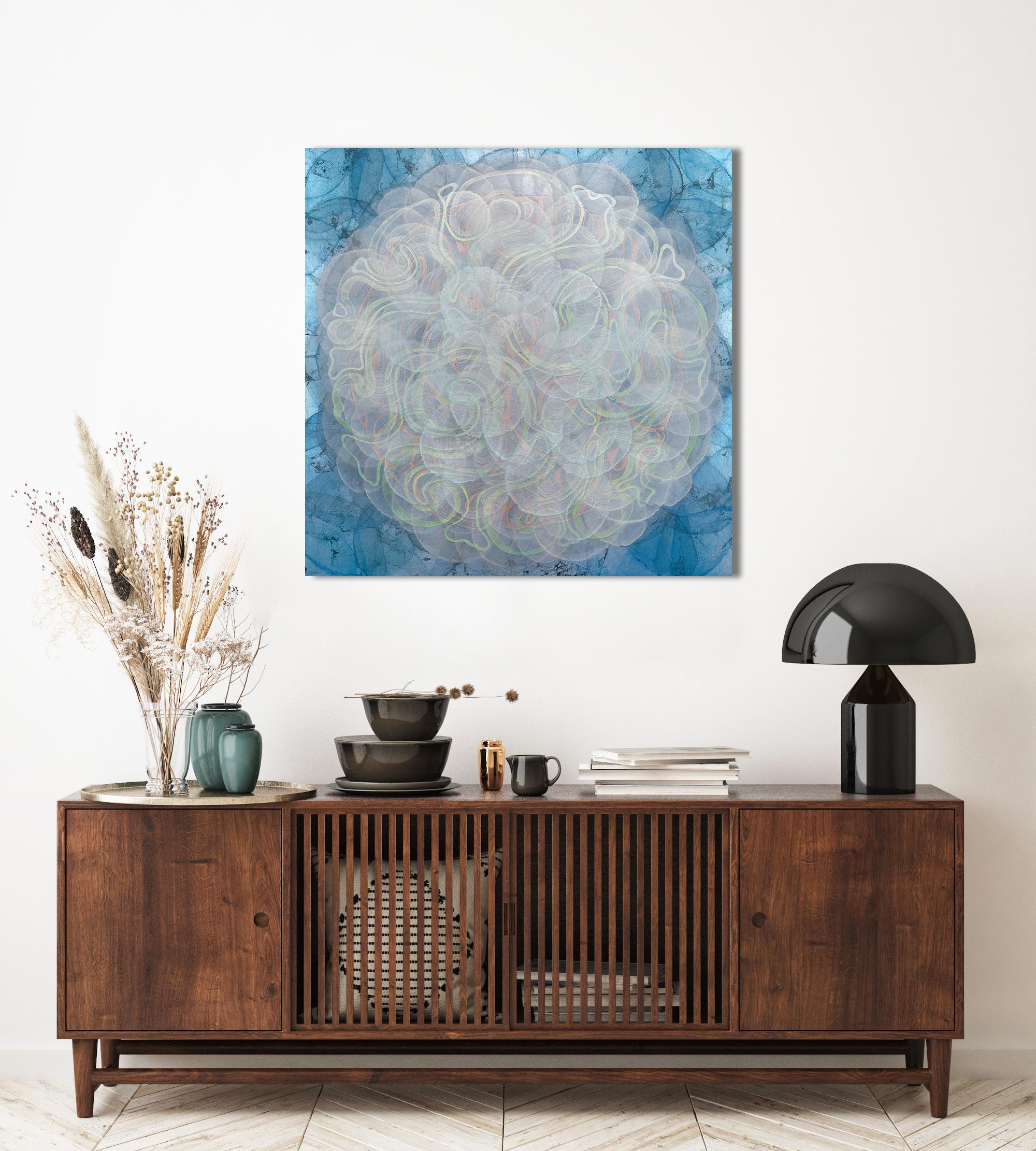This abstract painting by Roger Mudre is made with acrylic paint over mica powder and metal leaf on cradled birch panel. It features a large circle shape at the center of the composition, composed of swirling green, orange, and silvery white lines,