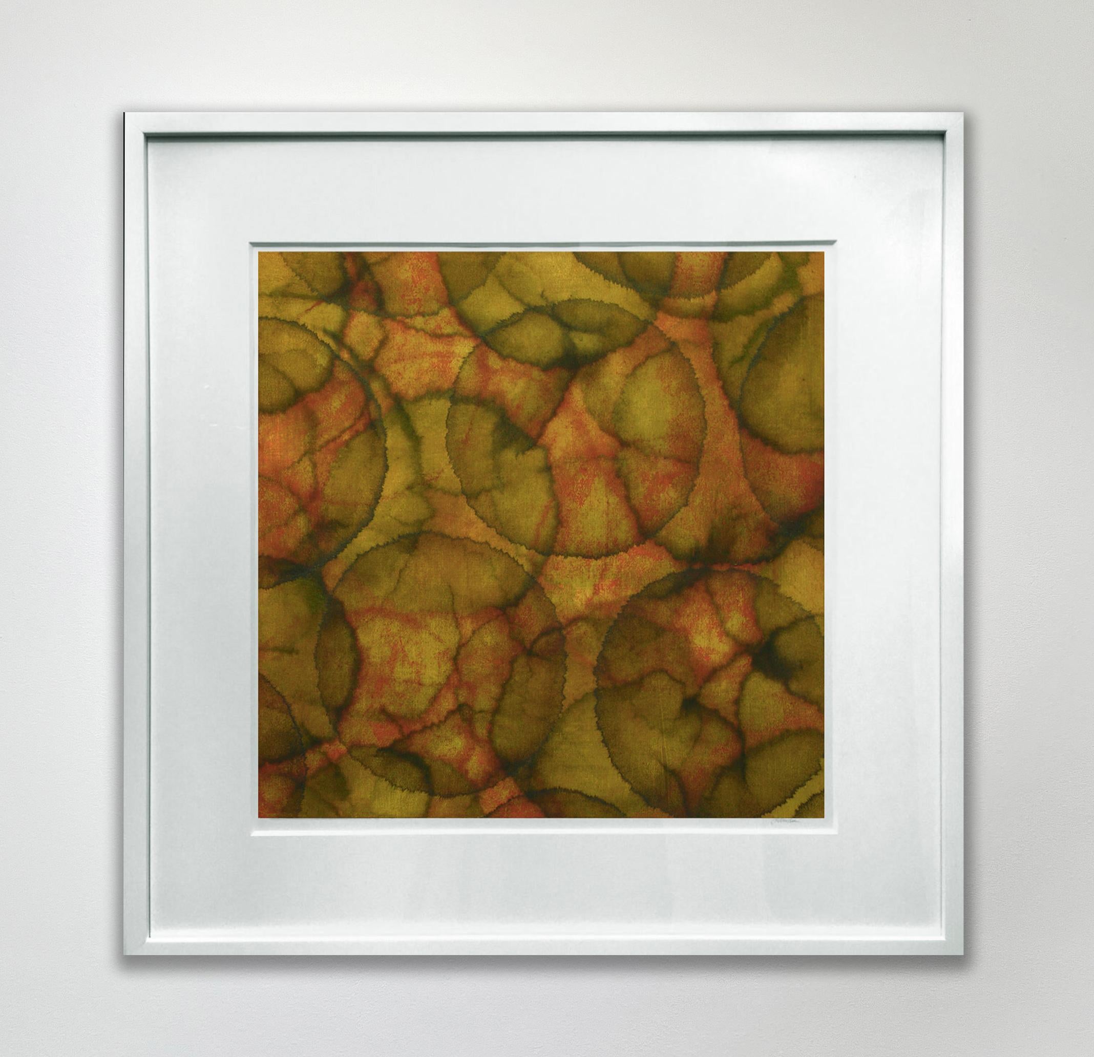 This abstract painting by Roger Mudre features a warm, earthy palette, with light circular shapes applied in layers over one another. It is made with acrylic paint over metal leaf on paper. The painting itself is 20" x 20", and measures 30" x 30"