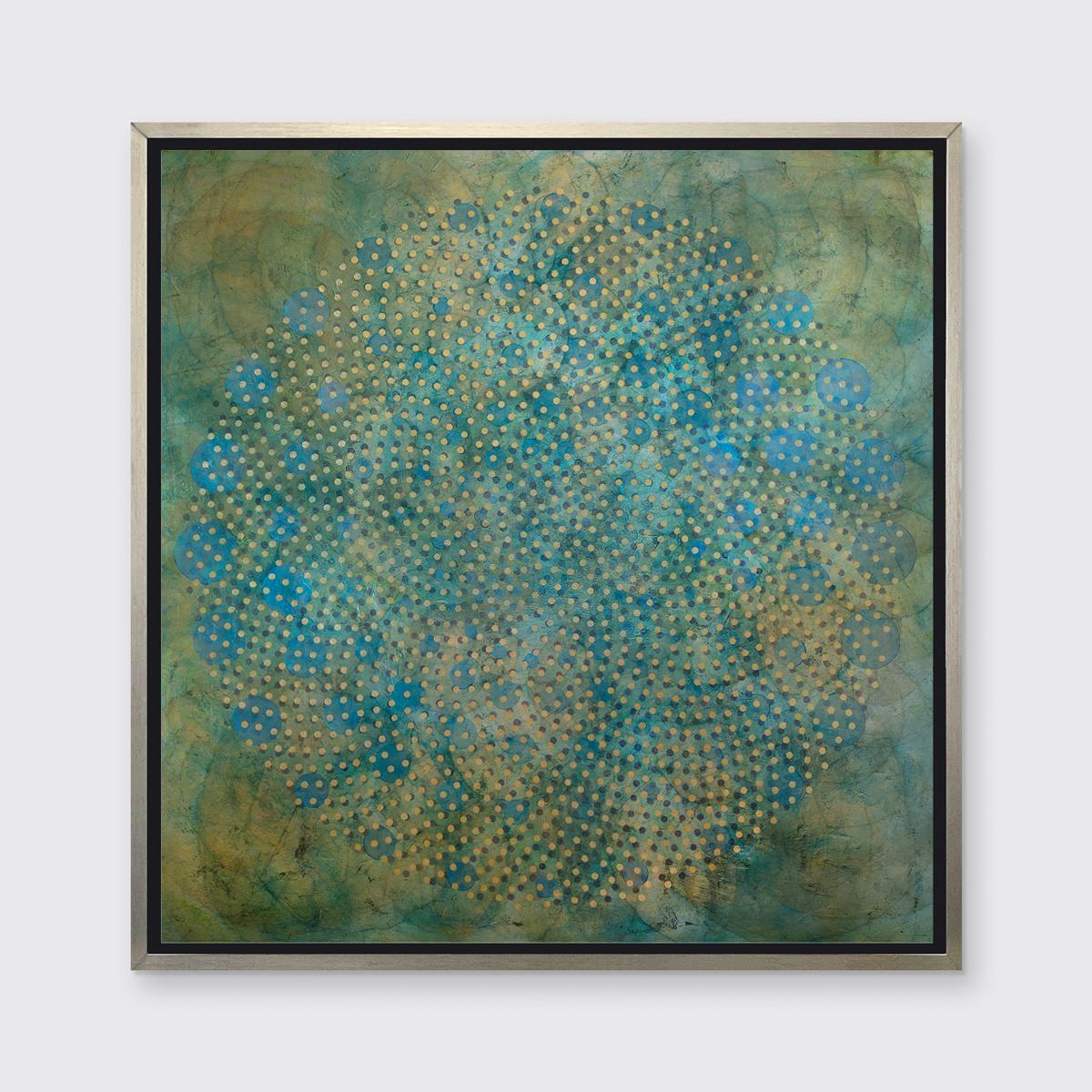 This abstract contemporary limited edition print by Roger Mudre features a cool-toned palette with subtle gold accents. Concentric circles of varying sizes overlap one another to create a larger circle shape at the center of the composition.

This