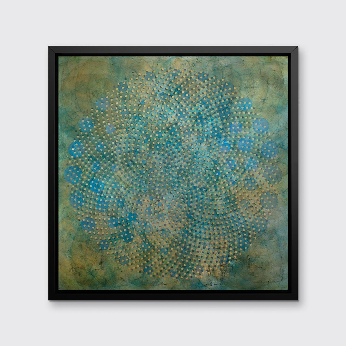 This abstract contemporary limited edition print by Roger Mudre features a cool-toned palette with subtle gold accents. Concentric circles of varying sizes overlap one another to create a larger circle shape at the center of the composition.

This