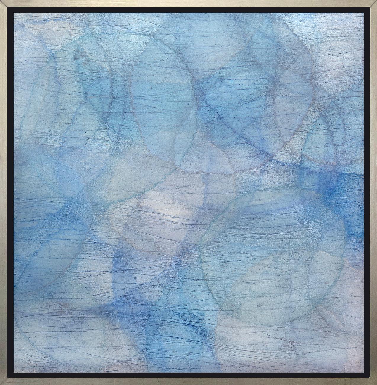 This abstract contemporary painting by Roger Mudre features a cool-toned palette with an iridescent quality. Circles with light outlines overlap one another in varying blue, green, white shades to create a larger blue circular form at the center of
