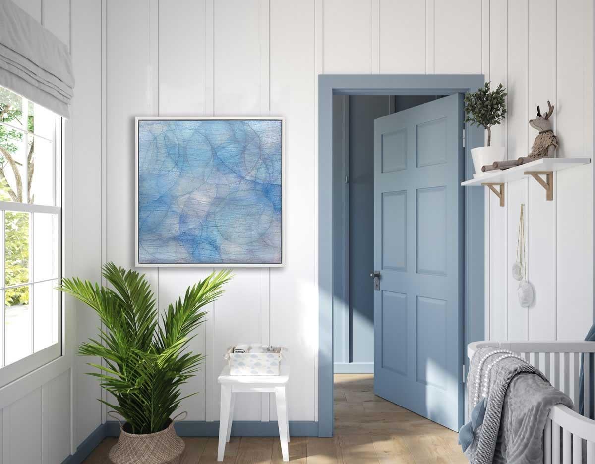 This abstract contemporary painting by Roger Mudre features a cool-toned palette with an iridescent quality. Circles with light outlines overlap one another in varying blue, green, white shades to create a larger blue circular form at the center of