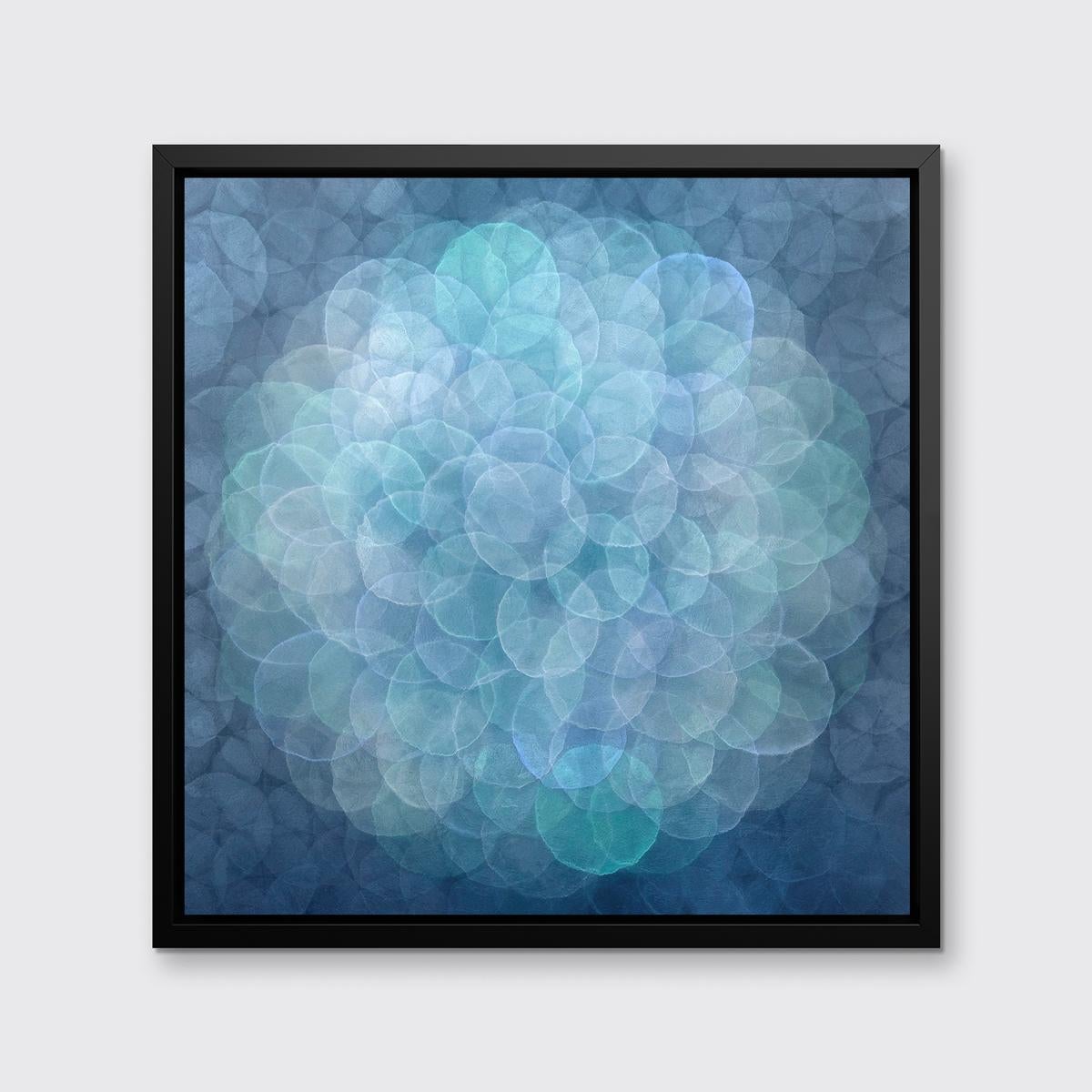 This abstract limited edition print by Roger Mudre has a cool blue, green, and silvery grey palette. It features small, overlapping circles that almost appear to glow, assembled in a larger circular pattern at the center of the composition. 

This