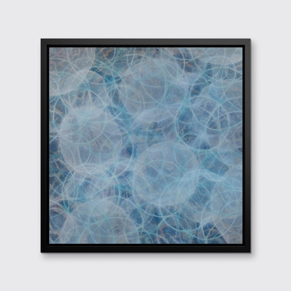 This abstract limited edition print by Roger Mudre features a cool palette. Imperfect, almost organic circular shapes and outlines in varying shades of blue are layered over one another throughout the almost geometric composition. 

This Limited