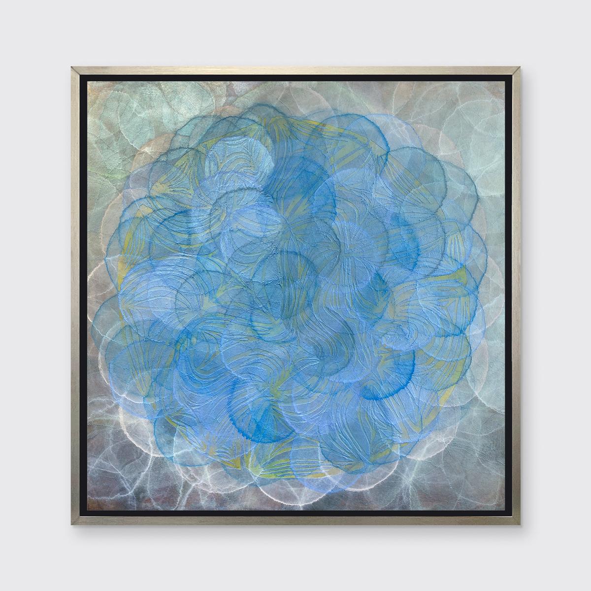 This abstract contemporary limited edition print by Roger Mudre features a cool-toned palette. Circles with light outlines overlap one another in varying blue, green, white shades to create a larger blue circular form at the center of the