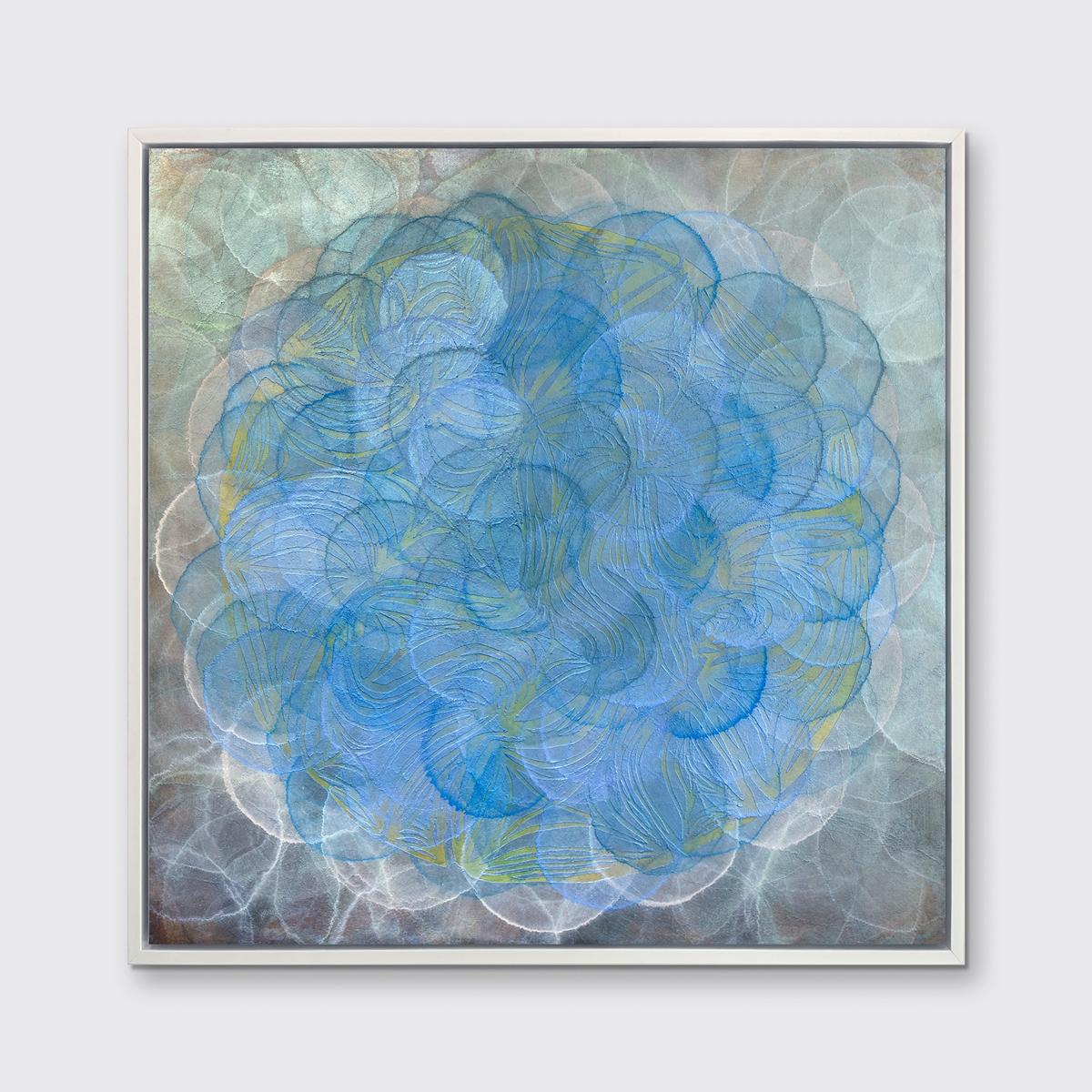 This abstract contemporary limited edition print by Roger Mudre features a cool-toned palette. Circles with light outlines overlap one another in varying blue, green, white shades to create a larger blue circular form at the center of the