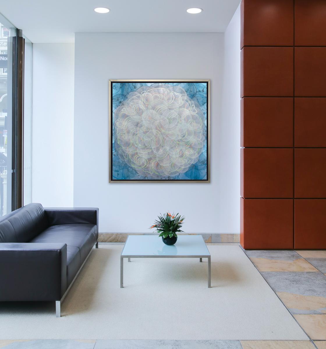 This abstract geometric limited edition print by Roger Mudre features a large circle shape at the center of the composition, composed of swirling green, orange, and silvery white lines, and a cool blue perimeter. 

This Limited Edition giclee print